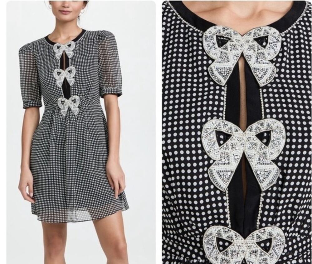 NWT SALONI Jamie Black White Silk Georgette Mini Polka Dot Bow Short Dress Sz 2